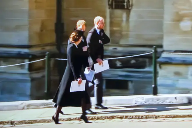Prince Harry, Kate Middleton and Prince William chat as they leave St George's Chapel
