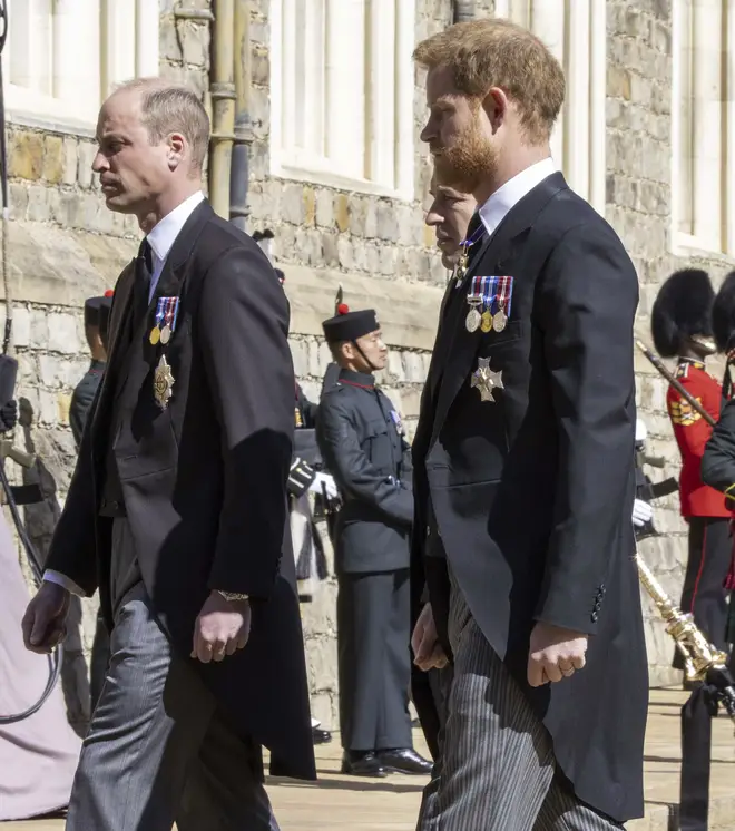 Prince Harry and Prince William walk in the procession behind Prince Philip's coffin