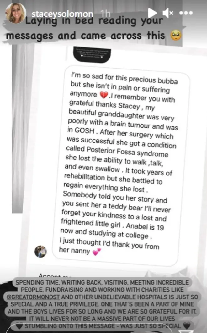 The adorable message was sent to Stacey on Instagram at the weekend