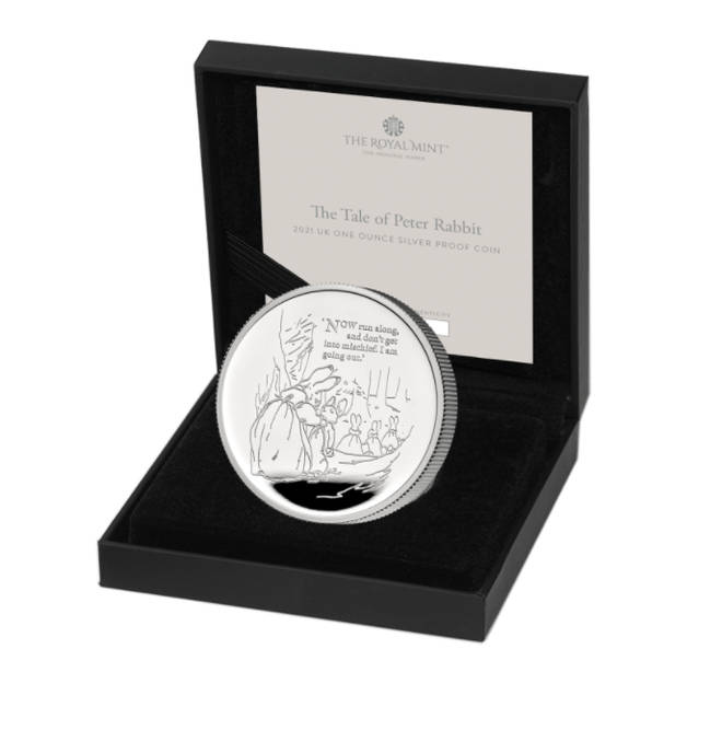 The uncirculated coin is embossed with an original Beatrix Potter illustration