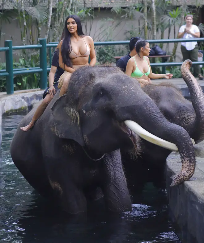 Kim Kardashian was seen riding an elephant during a family holiday in Bali