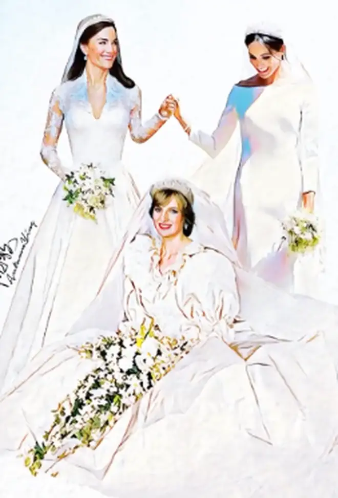 Diana, Meghan and Kate pose together in their wedding gowns