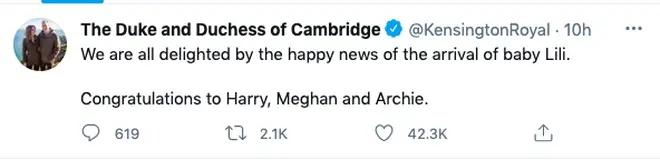 Prince William and Kate Middleton's tweet to Harry and Meghan