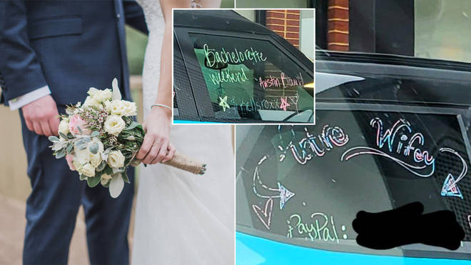 A bride has put her Paypal details on the side of her car
