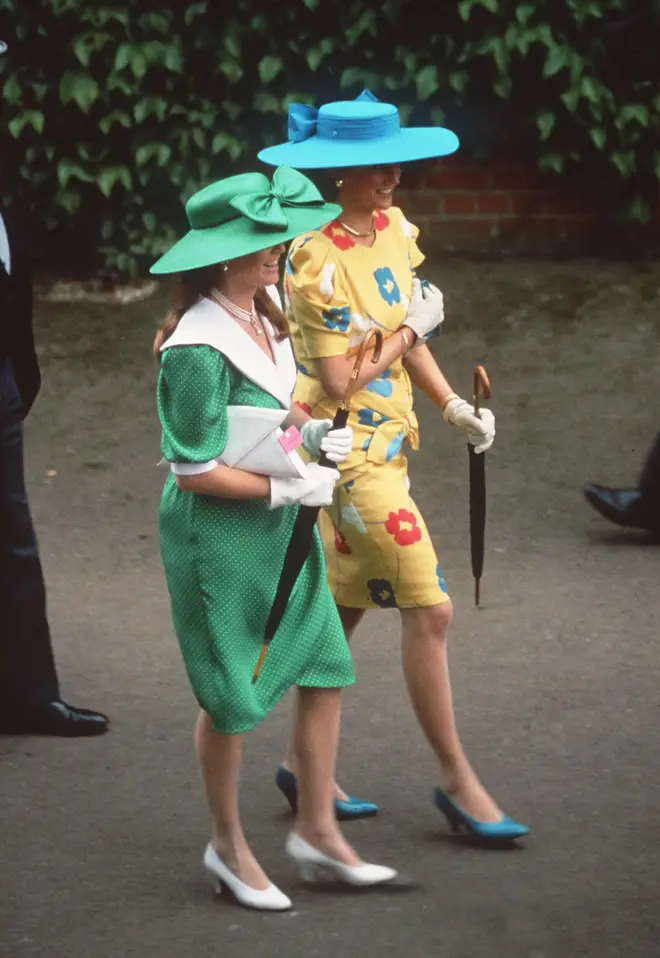 Diana and Fergie dressed in bold colours and prints for Royal Ascot in 1987