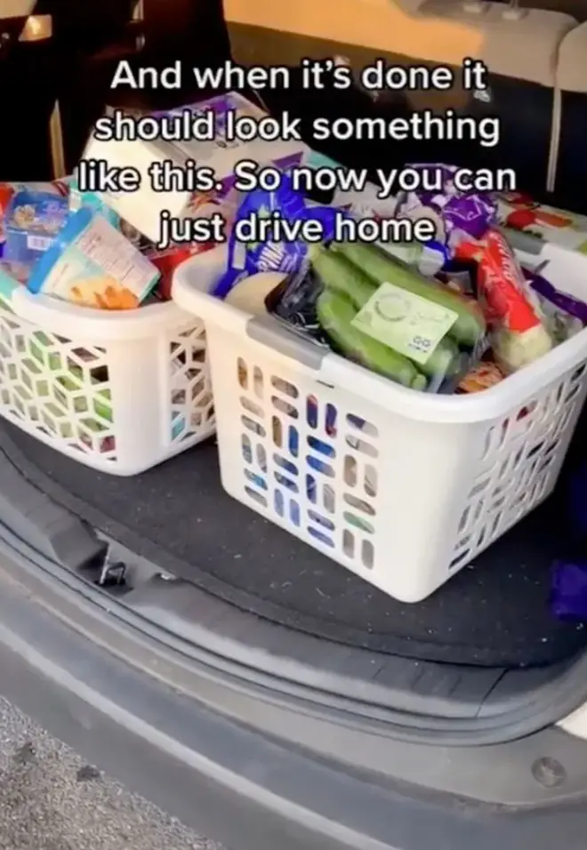 The man uses laundry baskets to speed up his shopping