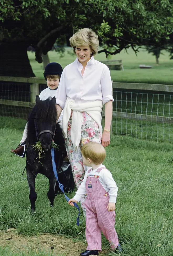 William rides a pony while Harry plays in the grounds of Highgrove