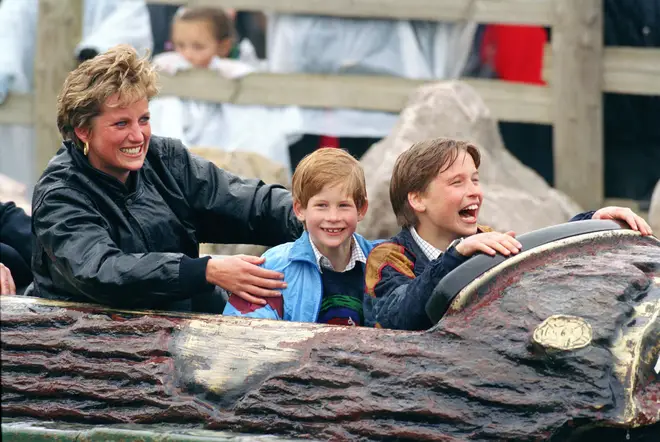 Diana and the boys laugh during a trip to Thorpe Park in 1993
