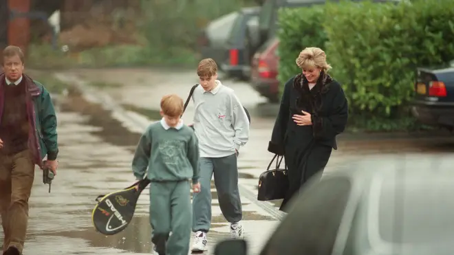 Diana picks her sons up from tennis at The Harbour Club in Chelsea, 1995