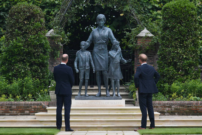 Harry and William admire the statue at the unveiling in Kensington Gardens