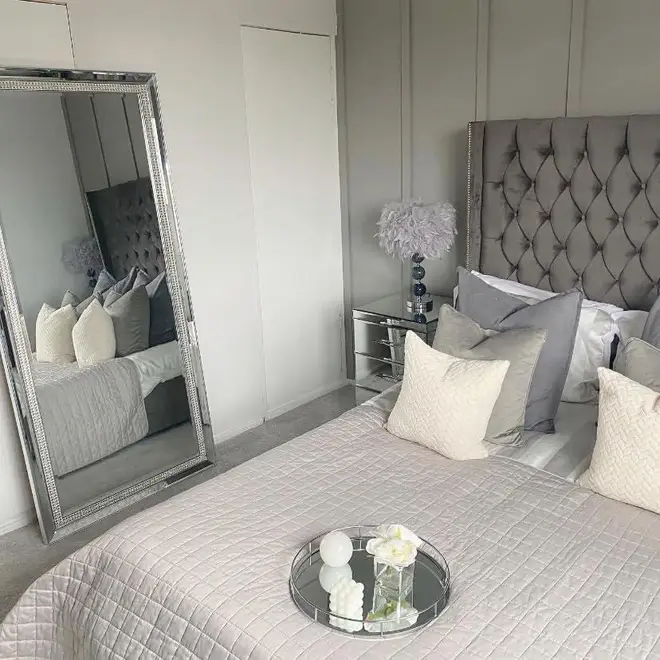 She gave her bedroom a chic grey and chrome theme