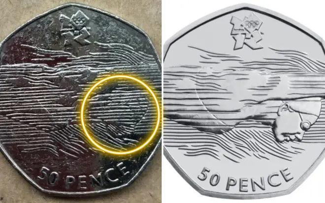 On the right is the final design released by the Royal Mint, note there are no lines over the swimmer's face