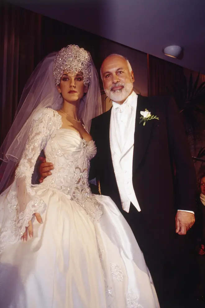 Celine Dion wears a bedazzled head-dress as she weds René Angélil