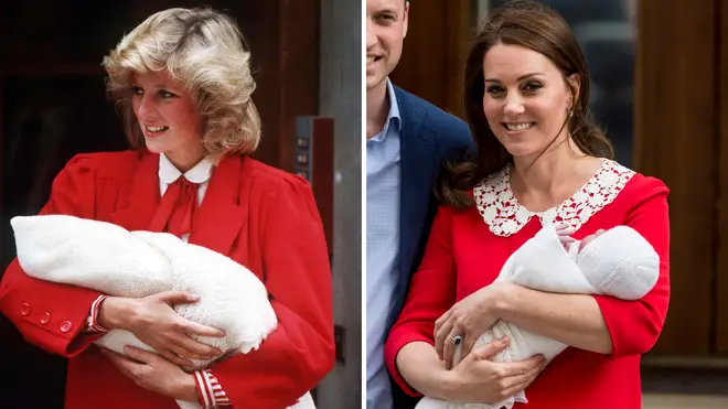 Princess Diana leaves St Mary's Hospital in London after giving birth to Prince Harry in 1984 | Kate Middleton leaves the same hospital in 2018 after giving birth to Prince Louis