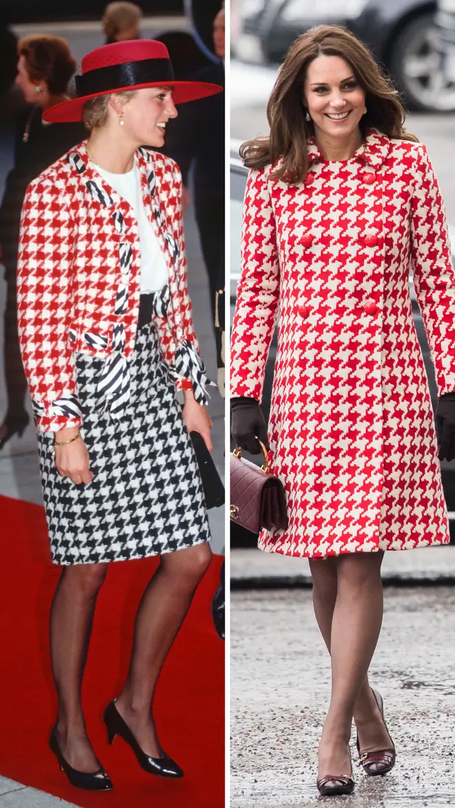 Princess Diana wears a red houndstooth jacket by Moschino during a visit to Canada in 1991 | Kate Middleton wears a similar Catherine Walker coat in 2018 while visiting Sweden