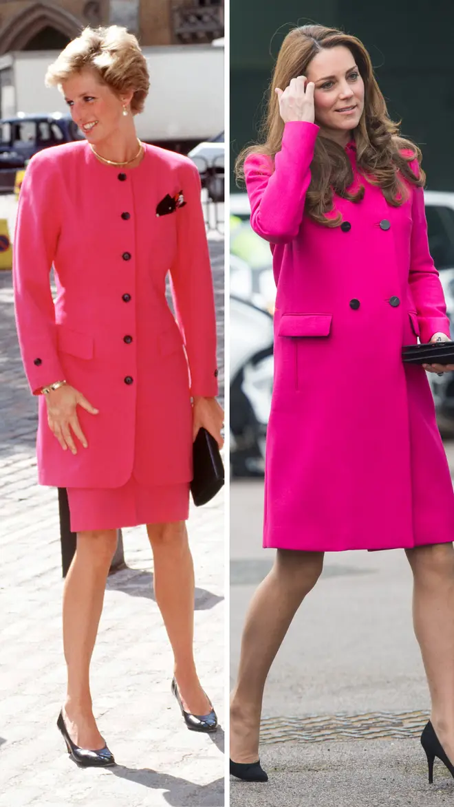 Princess Diana wears a bright pink ensemble during a visit to Westminster in 1990 | Kate Middleton sports a similar look while visiting the Stephen Lawrence Centre in London in 2015