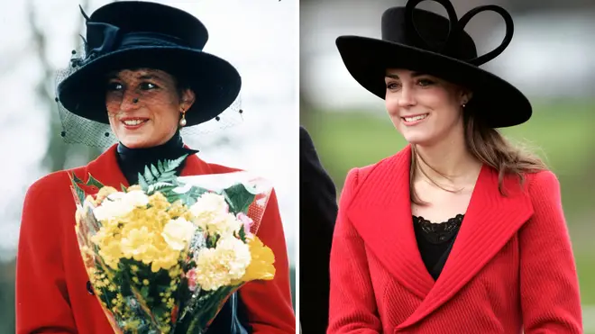Princess Diana wears a red and black ensemble on Christmas Day in Sandringham in 1993 | Kate Middleton attends the Sovereign's Parade At The Royal Military Academy in 2006