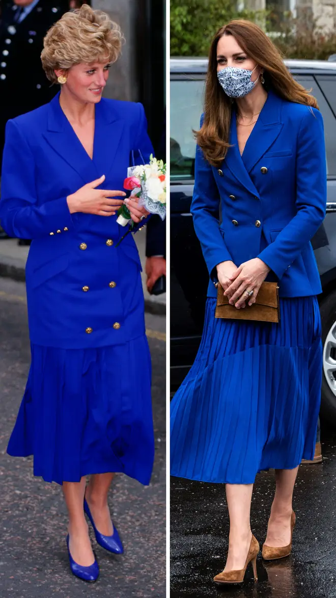 Princess Diana wears a cobalt blue skirt and jacket combo in 1992 | Kate Middleton wears a very similar look during an appearance in Scotland in 2021