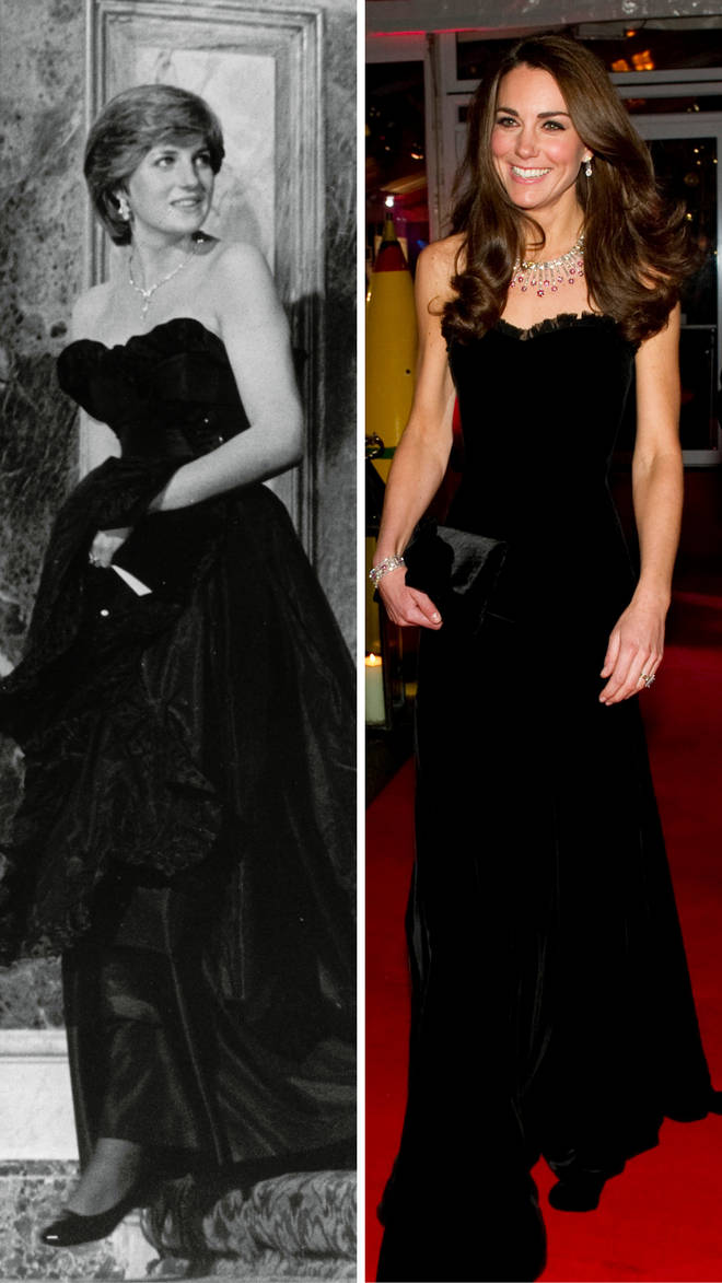 Princess Diana looks gorgeous in a black gown at London's Goldsmith's Hall in 1981 | Kate Middleton wears a very similar dress in 2011 while attending The Sun Military Awards