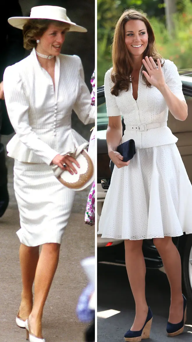 Princess Diana looks stunning in a white peplum suit for Royal Ascot in June 1986 | Kate Middleton recreated the look on a royal tour of Singapore in 2012