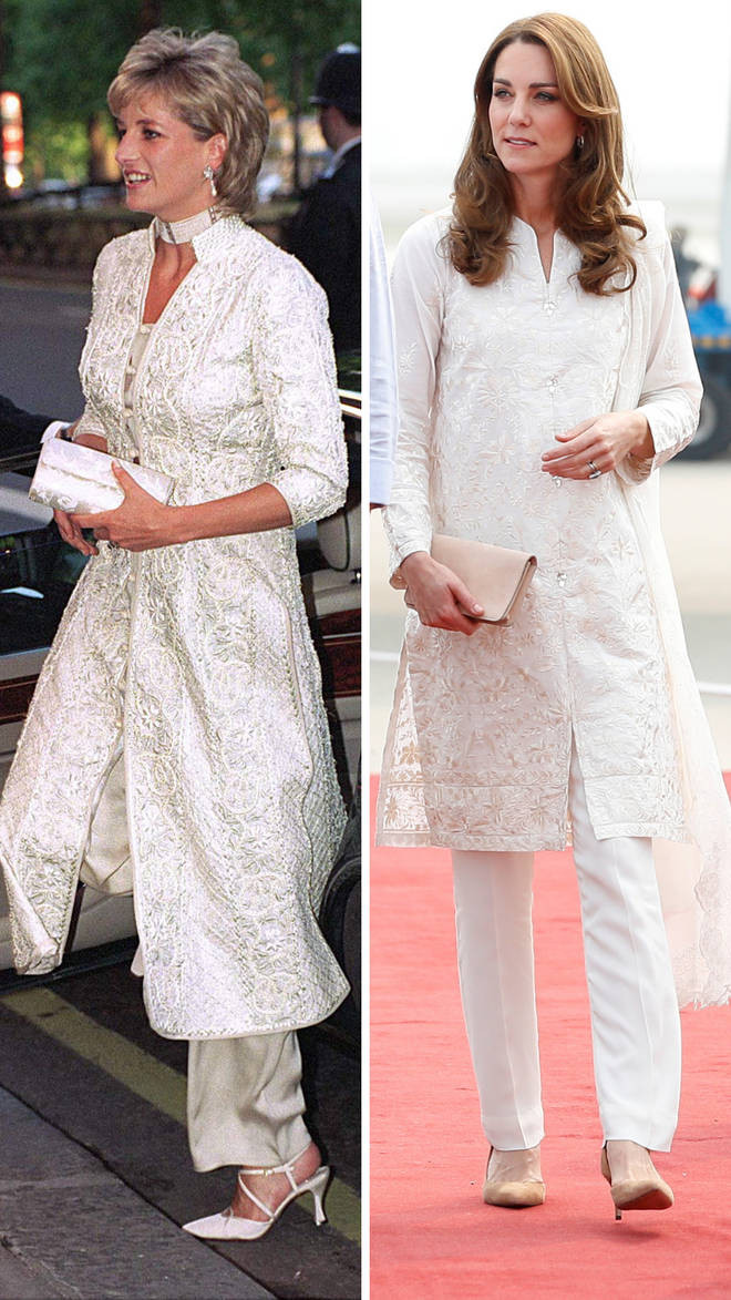 Princess Diana wears a beaded shalwar kameez for dinner at London's Dorchester Hotel in 1996 | Kate Middleton wears a white shalwar kameez during their 2019 tour of Pakistan