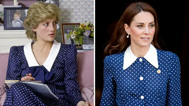 Princess Diana wears a blue and white polka dot dress with a Peter Pan collar in 1985 for a photo call at Kensington Palace | Kate Middleton wears an updated version of the same dress in 2019