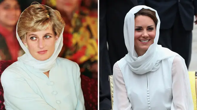 Princess Diana wears a silk headscarf at the Shaukat Khanum Memorial Hospital in Pakistan in 1996 | Kate Middleton recreates the look for a visit to Assyakirin Mosque in Malaysia in 2012