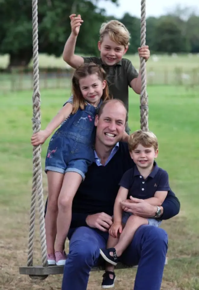Prince William poses with George, Charlotte and Louis in a special portrait taken by the Princess of Wales for Father's Day 2020