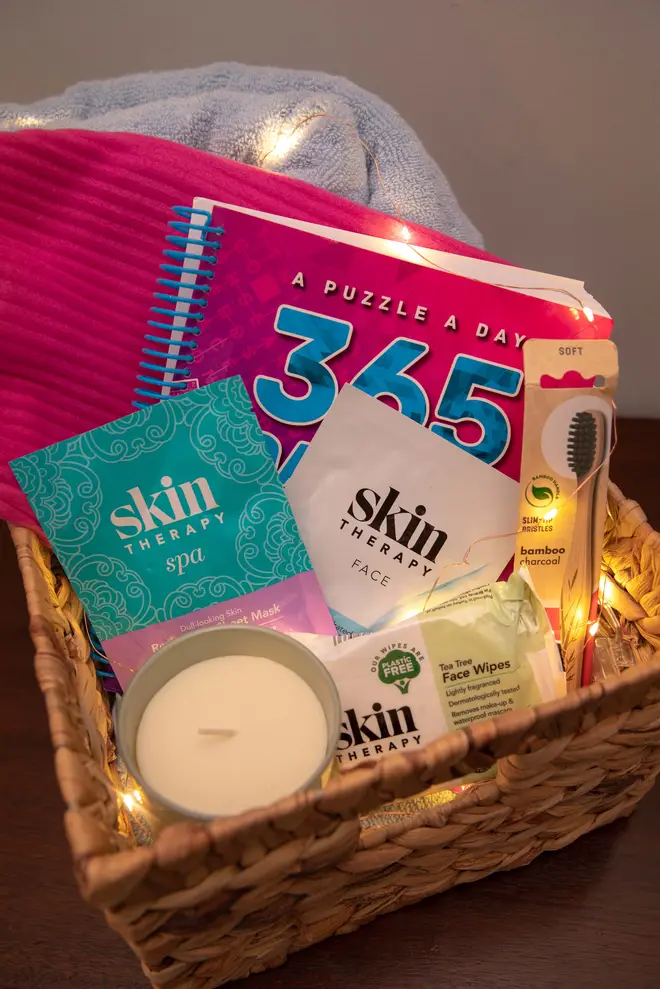 A basket of treats and other overnight essentials makes guests feel pampered and welcome