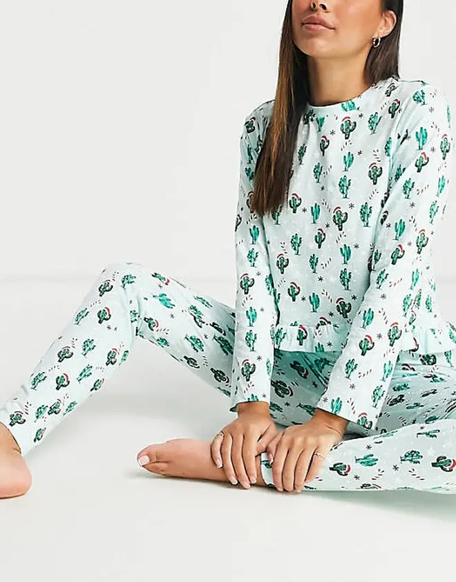 Pieces Christmas Pyjama Set in Green Cactus Print from ASOS