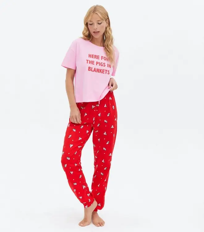 Pink Christmas Pigs In Blankets Pyjama Set from New Look