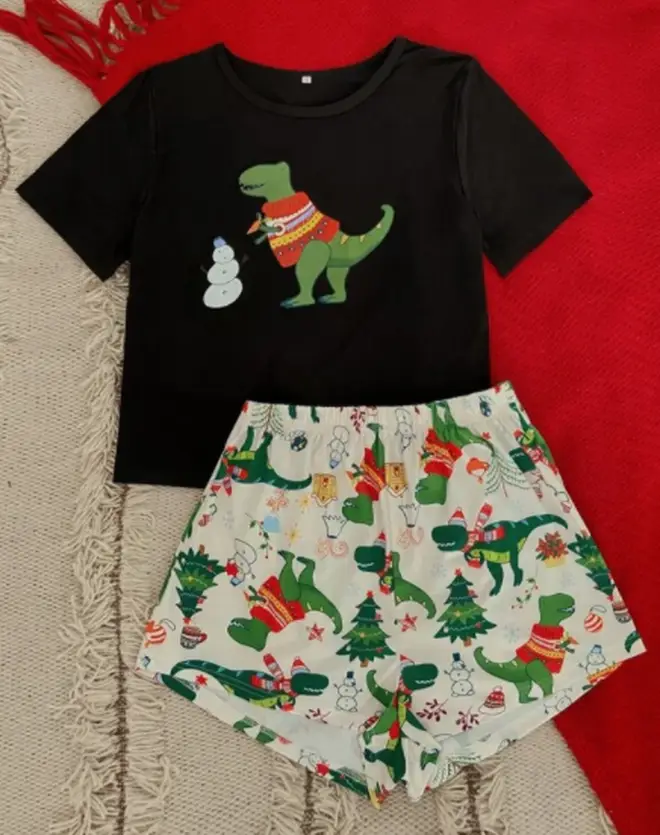 Christmas Snowman & Dinosaur Print PJ Set by Shein