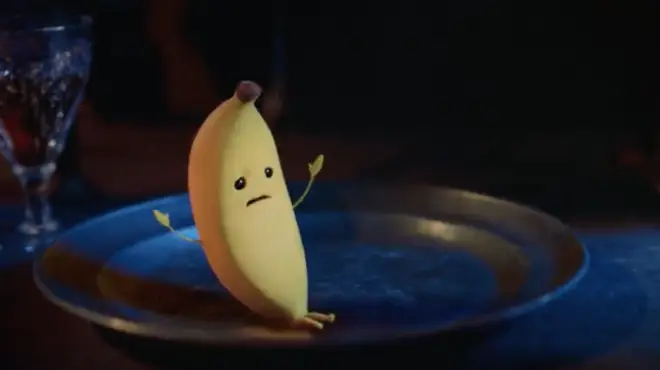 The cute little banana is left upset when Santa Claus doesn't take him