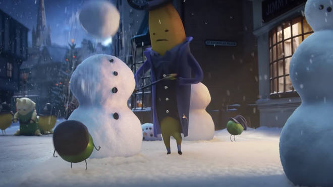 Cuthbert the Caterpillar is being taken away by the lemon police while Ebanana knocks over snowmen