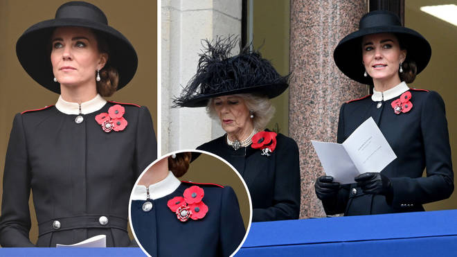 Kate Middleton wore three paper poppies on her lapel, alongside a brooch