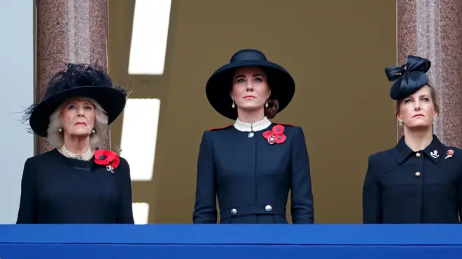 The Duchess of Cornwall and the Countess of Wessex stood either side of the Duchess of Cambridge