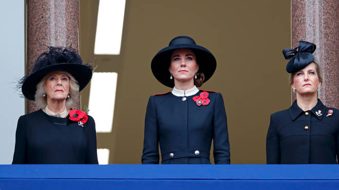 The Duchess of Cornwall and the Countess of Wessex stood either side of the Duchess of Cambridge