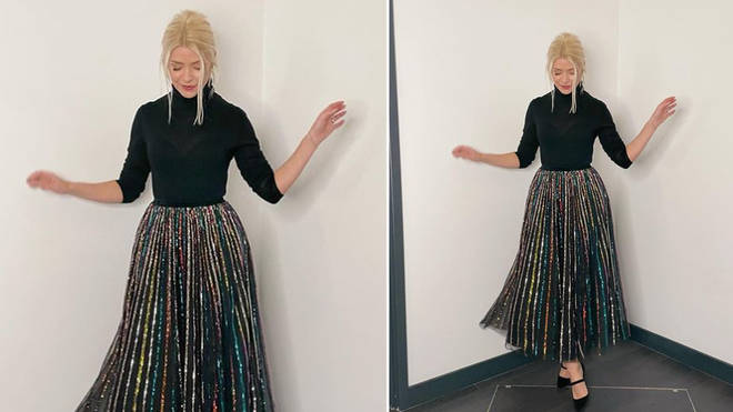 Holly Willoughby is wearing a striped skirt on This Morning