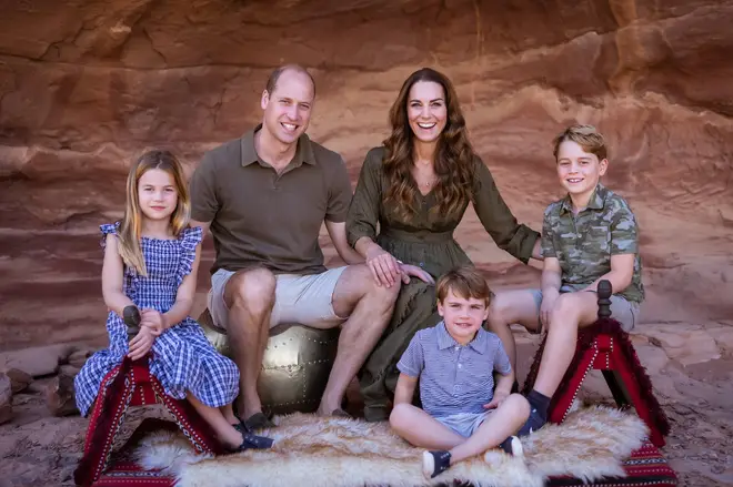The Prince and Princess of Wales pose with their three children, Prince George, Princess Charlotte and Prince Louis, during a family holiday in Jordan back in 2021