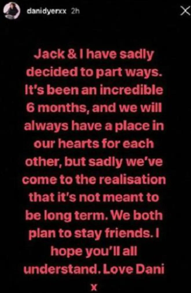 Dani announced the split on Instagram