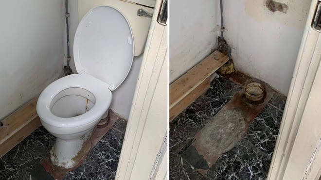 The original toilet, and the leaking plumbing beneath