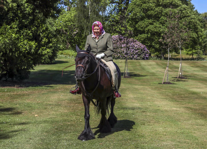 The Queen looks content in the sunshine as she enjoys some time on her horse