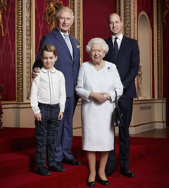 Prince Charles, Prince William and Prince George pose with the Queen at Buckingham Palace