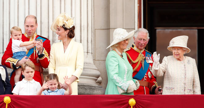 The Queen was joined by Prince Charles, the Duchess of Cornwall, the Duke and Duchess of Cambridge and their children on the balcony for the annual event