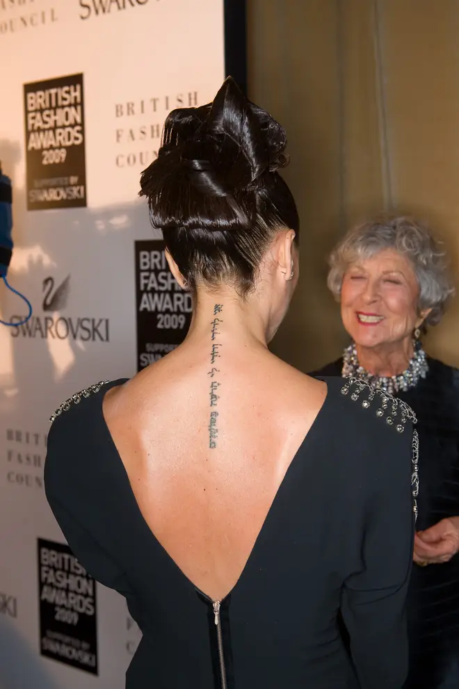 Victoria's Hebrew back tattoo in 2009