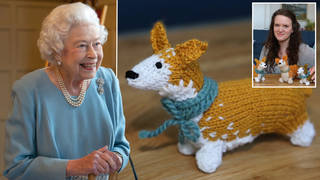 The little knitted corgis will start appearing across the UK in May