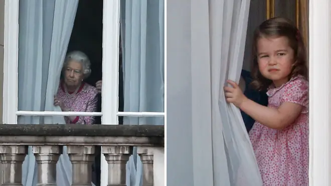 The Queen and Princess Charlotte have been captured doing the same thing, in the same outfit, with the same facial expression