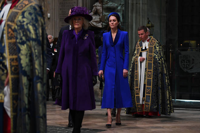 Kate Middleton and Camilla, the Duchess of Cornwall, attended the service with Prince Charles and Prince William