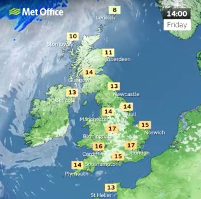The Met Office predict highs of 18 degrees in some areas across the UK on Friday