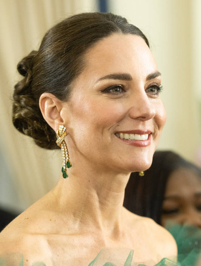 Kate Middleton teamed her green dress with emerald and diamond drop earrings